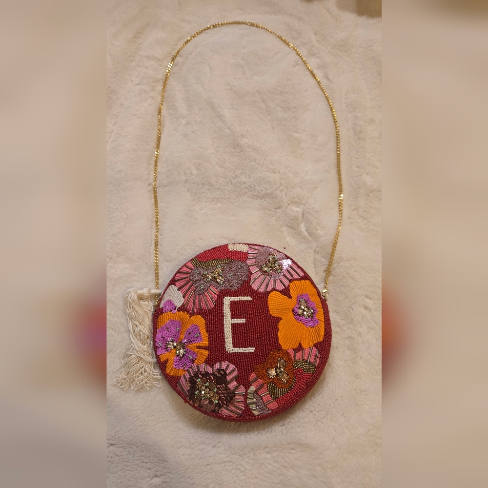 Embroidered Round Crossbody Bag with Gold Chain - Red Floral